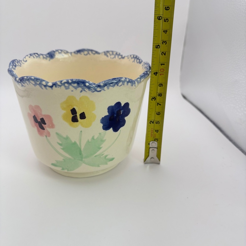 World Bazaars Ceramic Planter Cream Blue Floral Scalloped Rim Hand Painted - Picture 5 of 5